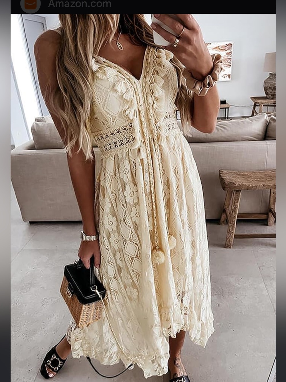 Cupshe Cream Lace Spaghetti Strap Midi Dress Astrid Sleeveless boho-style Lg